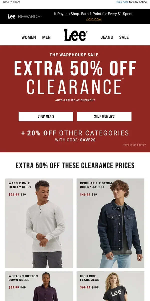 Email from Lee. The Warehouse Sale: Extra 50% off clearance