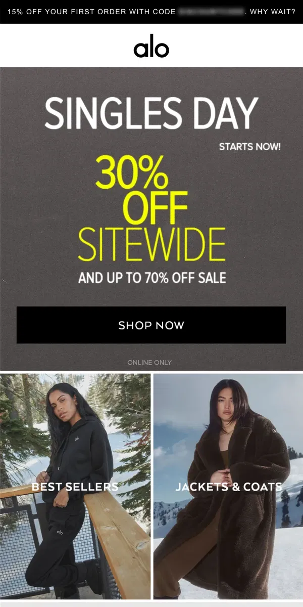 Email from Alo Yoga. 30% OFF SITEWIDE FOR SINGLES DAY! STARTS NOW.