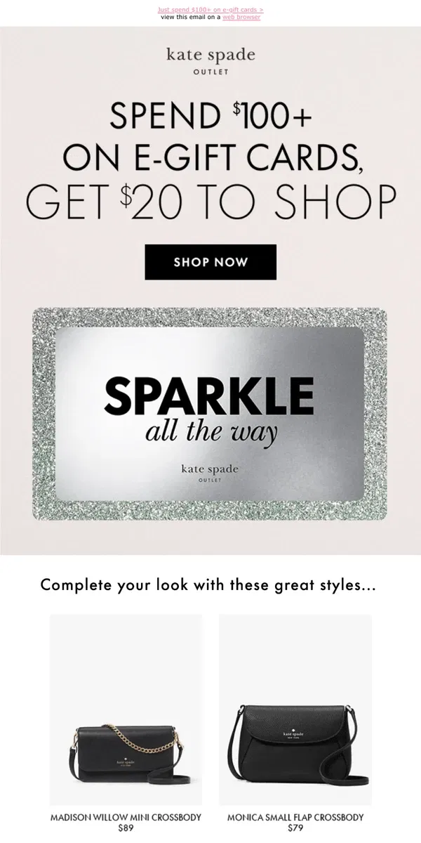 Email from Kate Spade. Last chance for $20 to shop!