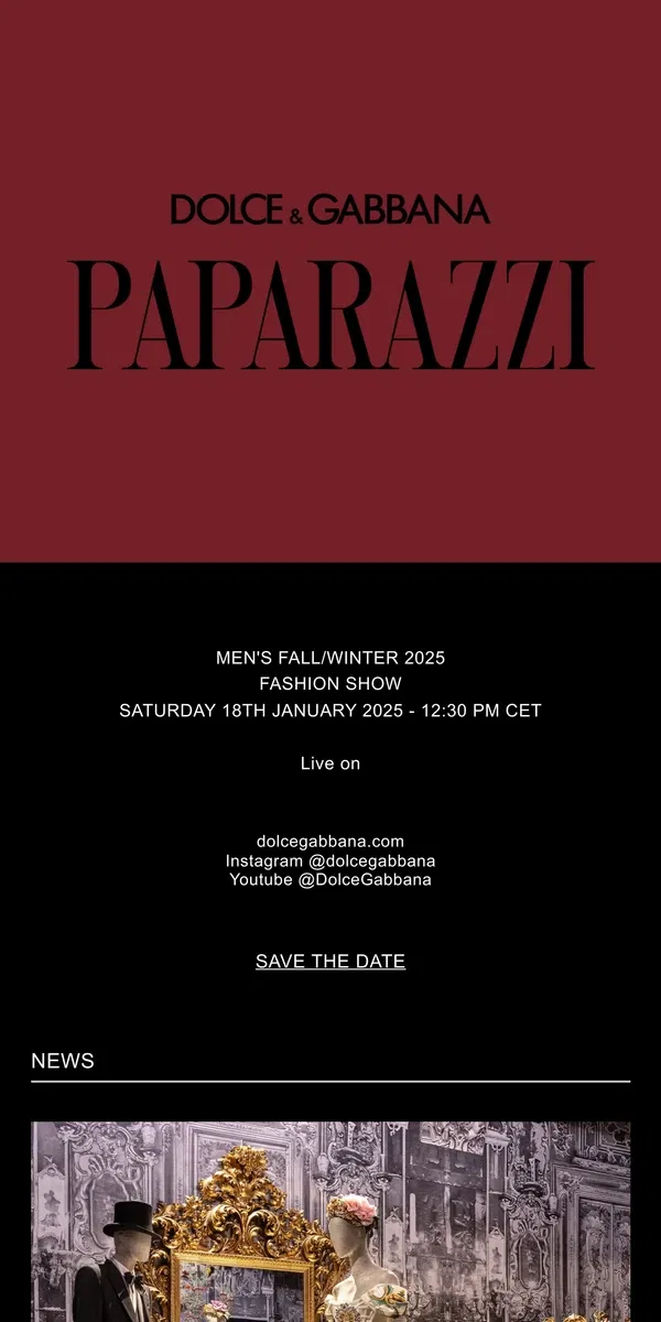 Email from Dolce & Gabbana. Save the date: Men's Fall/Winter 2025 Fashion Show