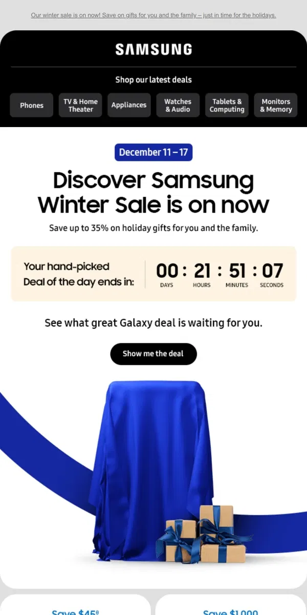 Email from Samsung. ✨❄️ [Name], save up to 35% on a Galaxy upgrade to capture every holiday moment..