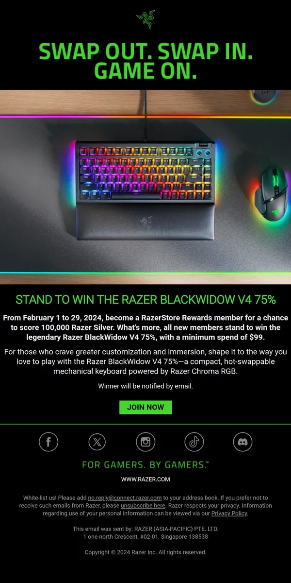 Email from Razer. Stand to Win the Razer BlackWidow V4 75%