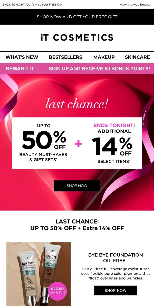 Email from IT Cosmetics. Up to 50% OFF + EXTRA 14% OFF