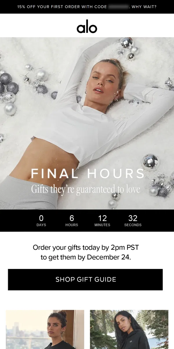 Email from Alo Yoga. Final hours to gift in time