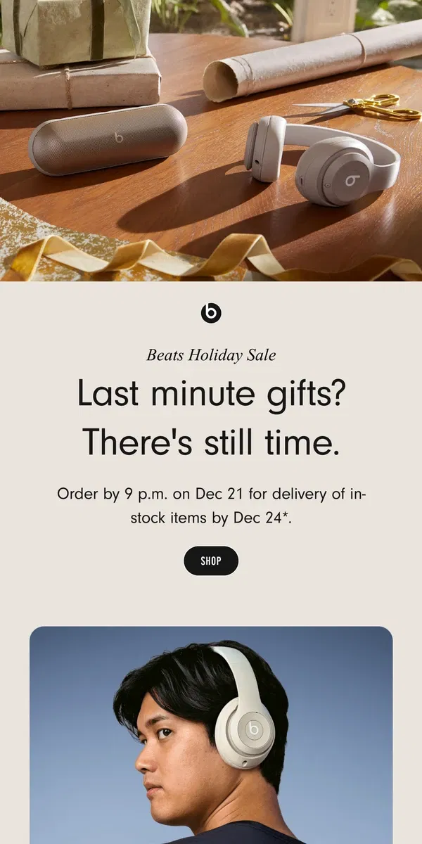 Email from Beats by Dre. Save up to $180 on last-minute gifts.