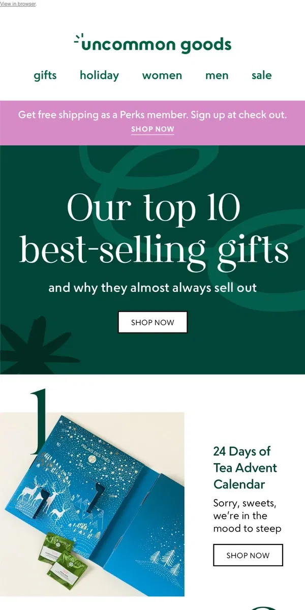 Email from Uncommon Goods. 10 gifts that will almost definitely sell out