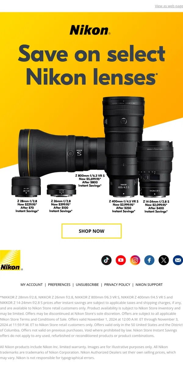 Email from Nikon. Bestselling Lenses at Great Savings