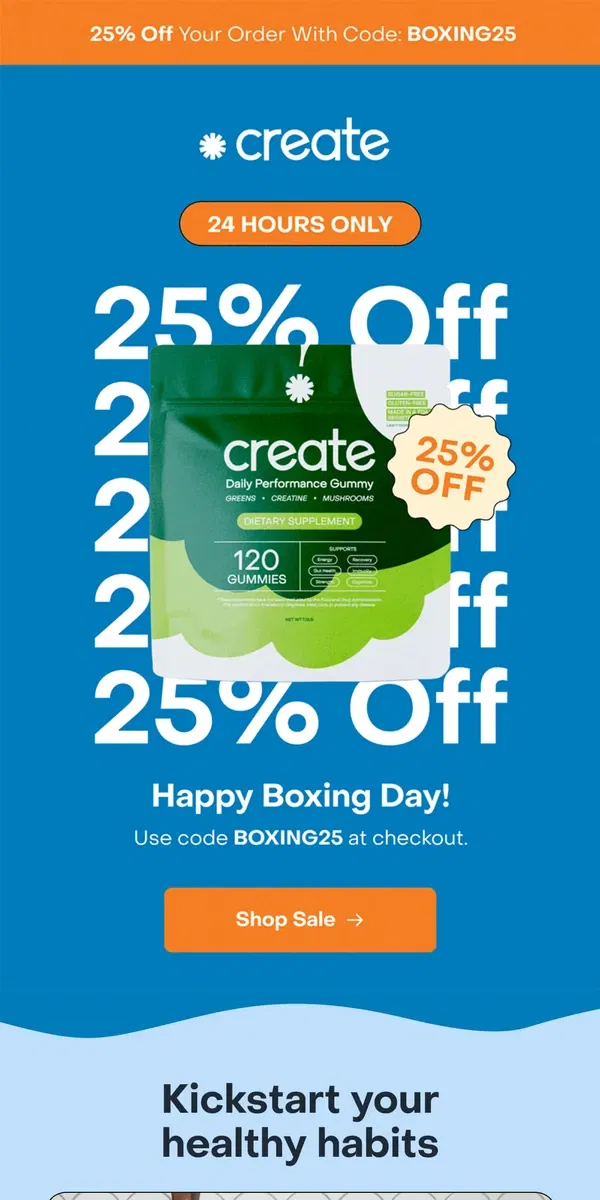 Email from Create Wellness. Boxing Day starts now: 24 hours only