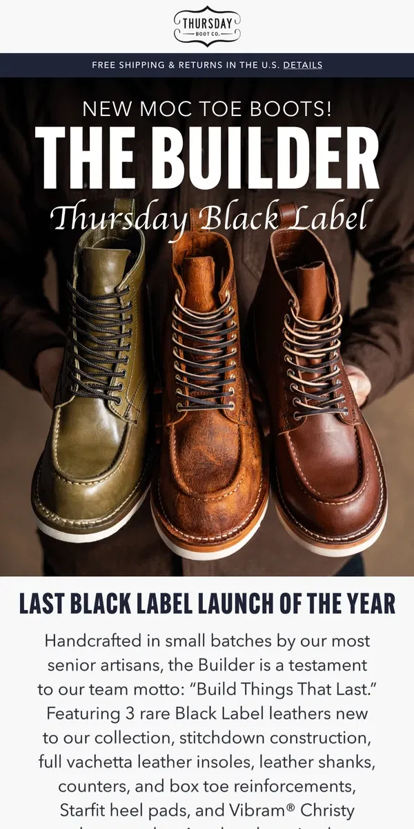 Email from Thursday Boot Company. New Black Label Moc Toe Boots!