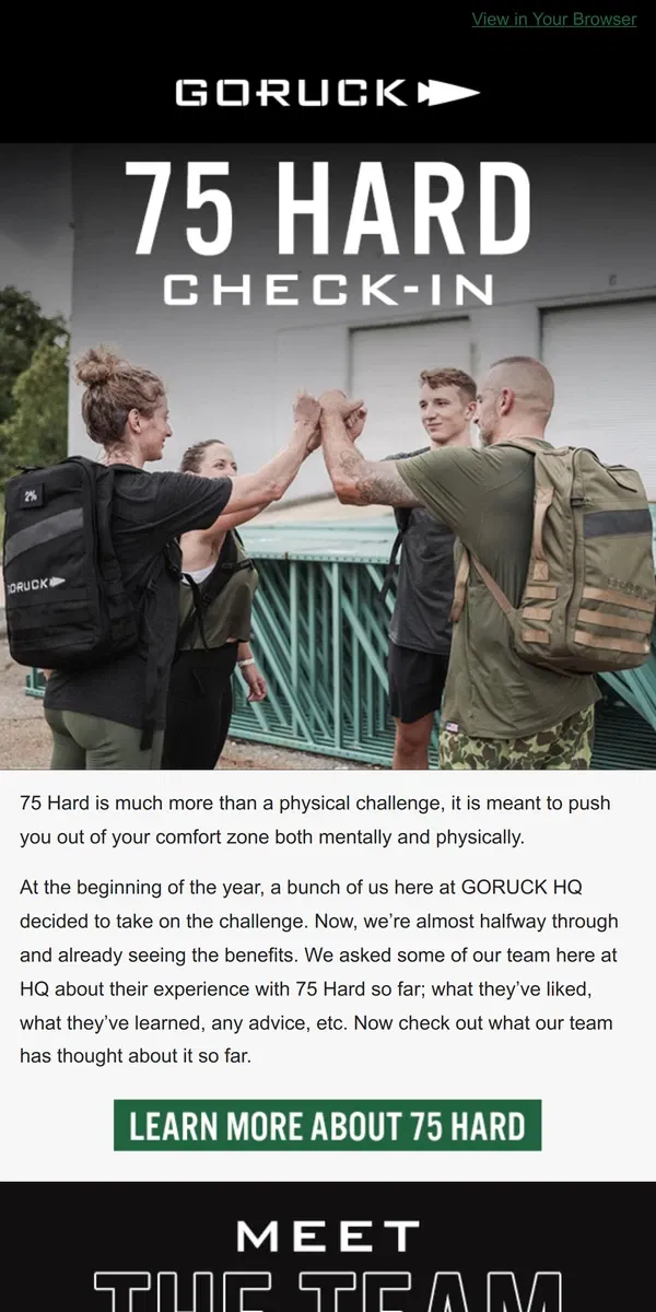 Email from GORUCK. Checking In on Your 75 Hard Progress