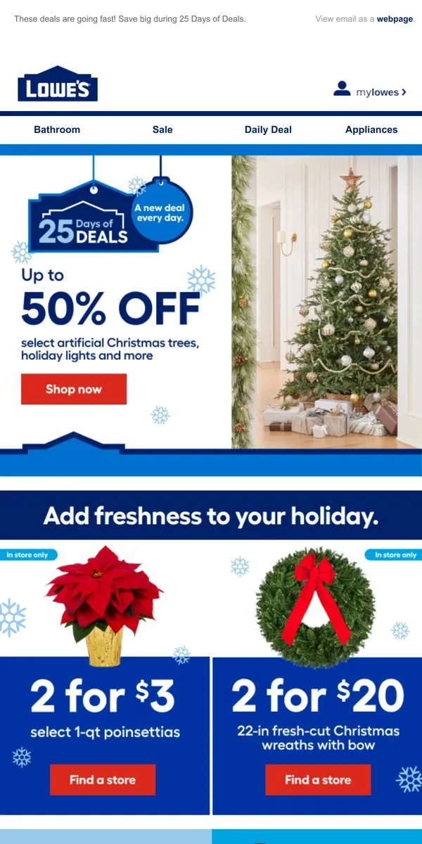 Email from Lowe's. Decorate for the holidays with up to 50% OFF!