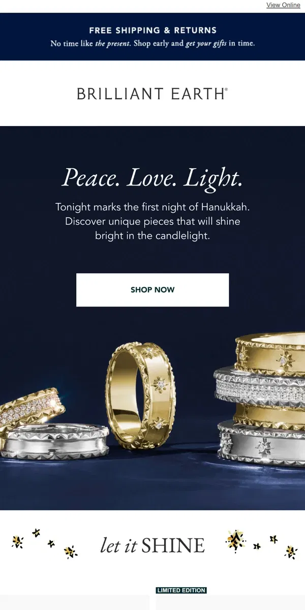 Email from Brilliant Earth. Hanukkah gifts that shine bright