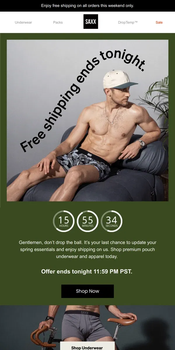 Email from SAXX Underwear. Last chance for free shipping on all orders