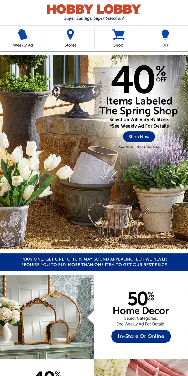 Email from Hobby Lobby. Enjoy 40% Off Stylish Spring Flower Pots 🌸