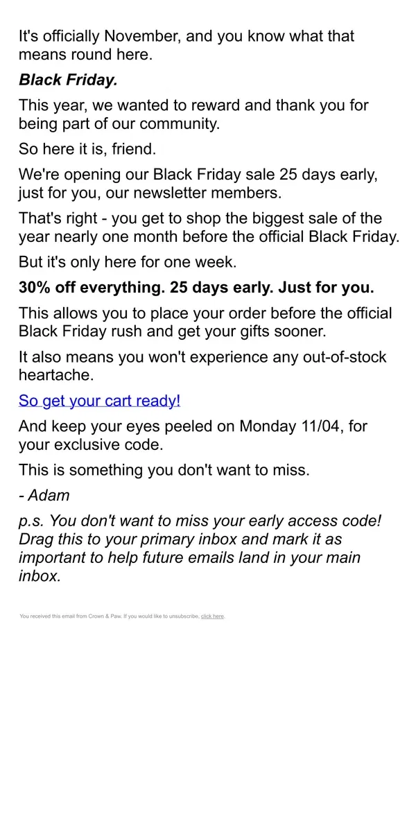 Email from Crown & Paw. Early Access: Your Black Friday Sale Info