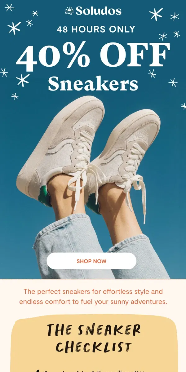 Email from Soludos. Act Fast: 40% Flash Sale on Sneakers!