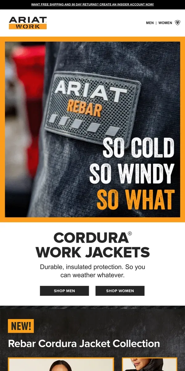 Email from Ariat. Core-Warming Codura® Work Jackets