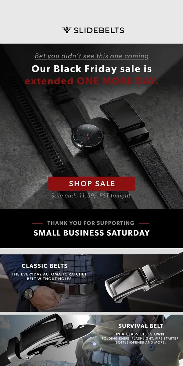 Email from SlideBelts. Black Friday EXTENDED!! 🎉  55% off ends at midnight