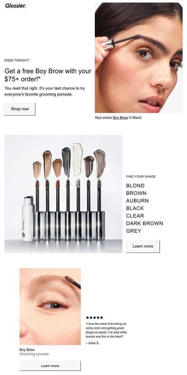 Email from Glossier. Get a free Boy Brow with your order