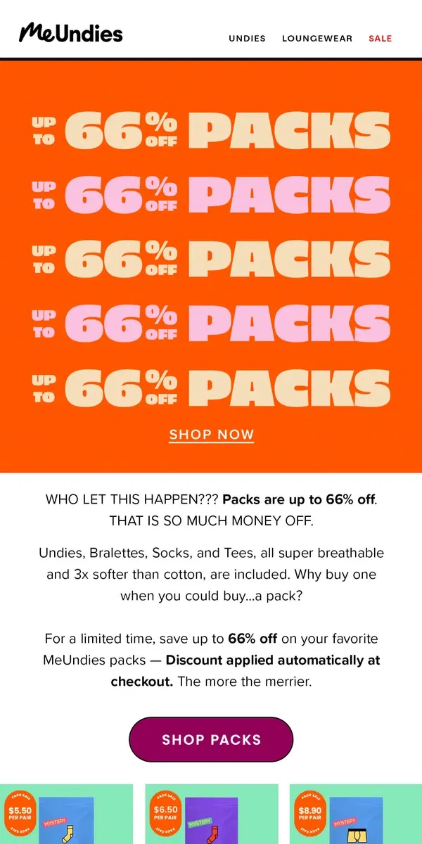 Email from MeUndies. Save on PACKS