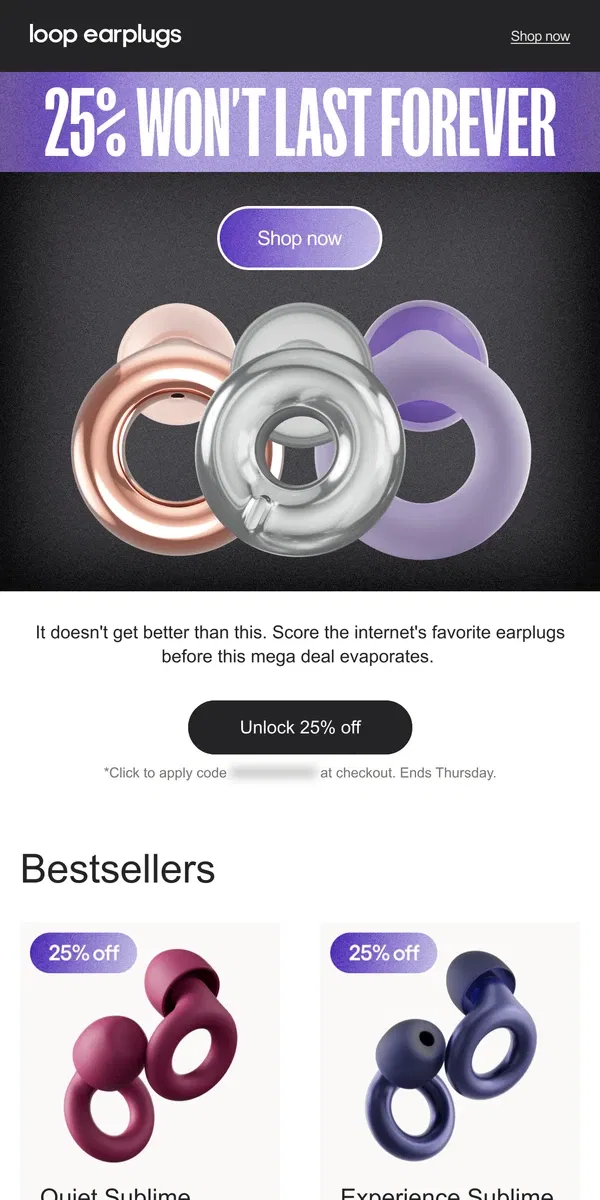 Email from Loop Earplugs. What's bigger than Black Friday?