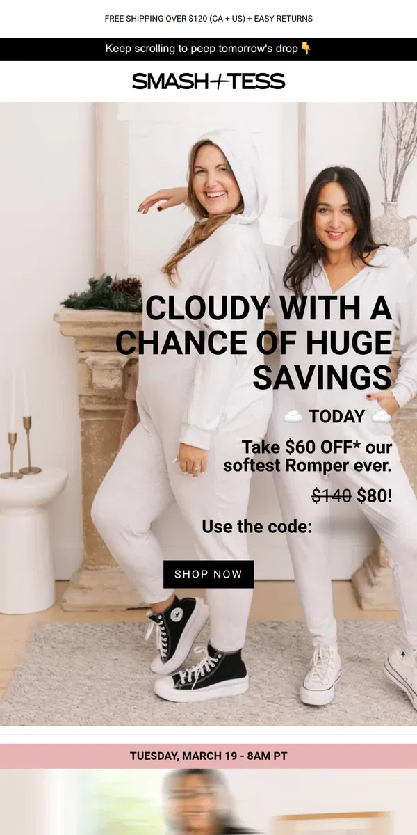 Email from Smash + Tess. TODAY: $60 OFF the Cloud Romper! ☁️