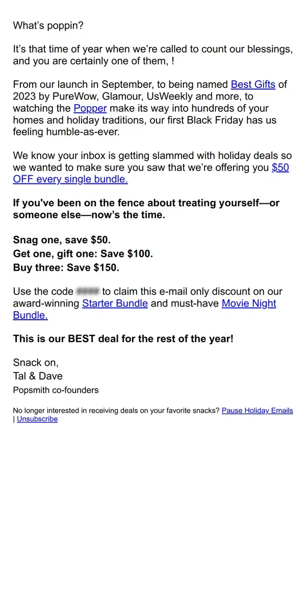 Email from Popsmith. $50 off bundles is almost gone!