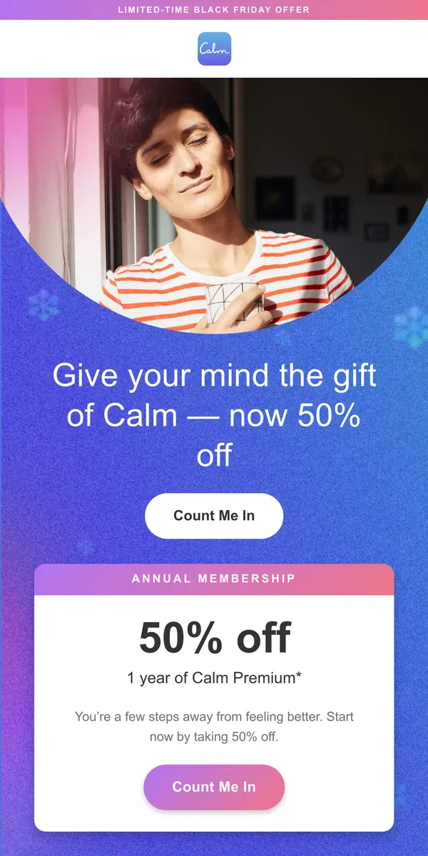 Email from Calm. ✨ 50% off Calm for Black Friday