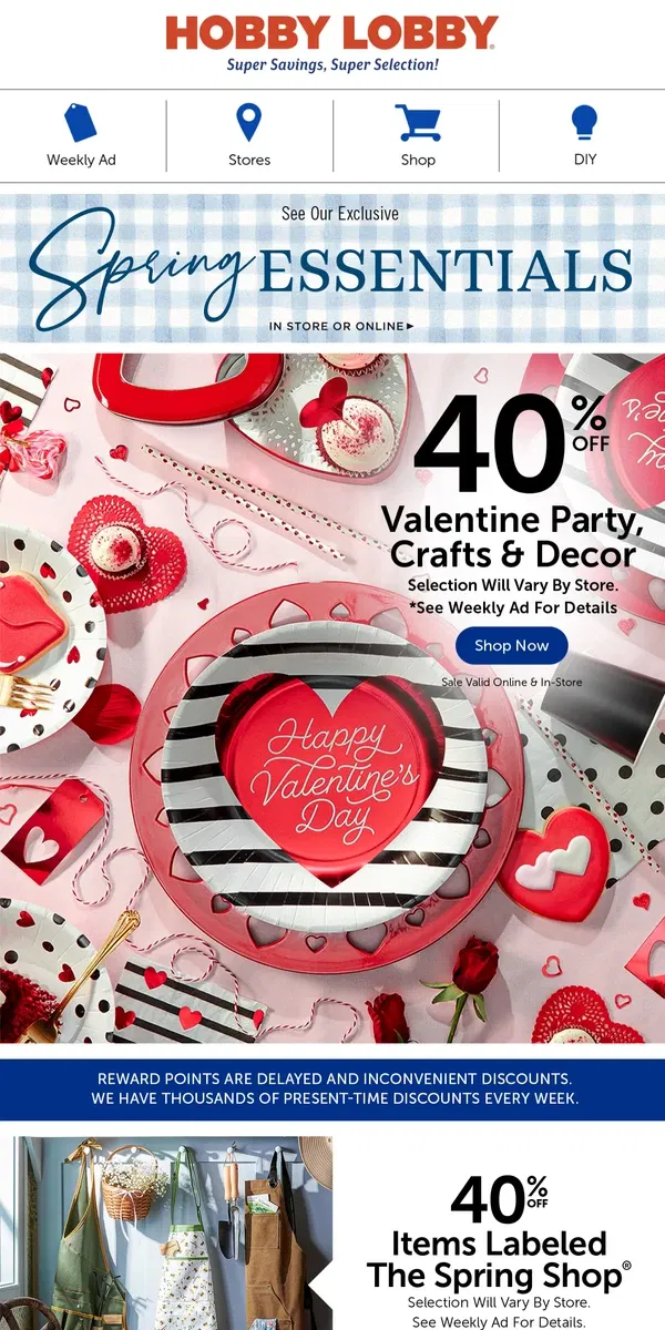 Email from Hobby Lobby. Sprinkle Love With 40% Off Valentine’s Party 💖