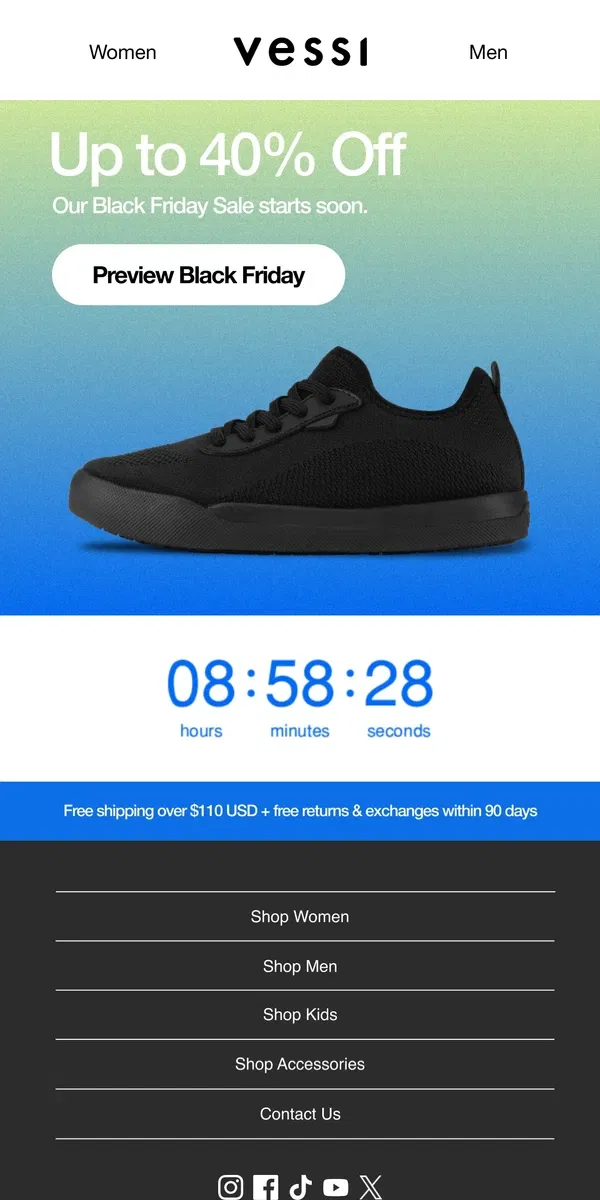 Email from Vessi. Countdown to Black Friday