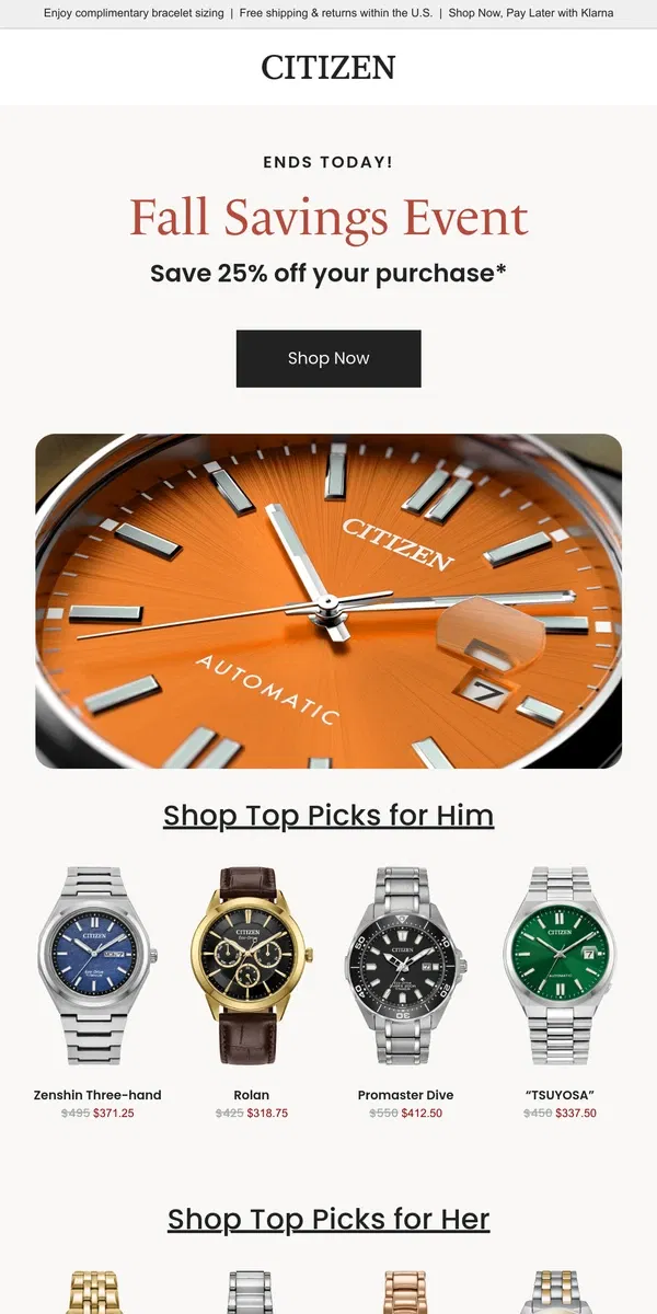 Email from Citizen Watch. Our Fall Savings Event Ends Today!