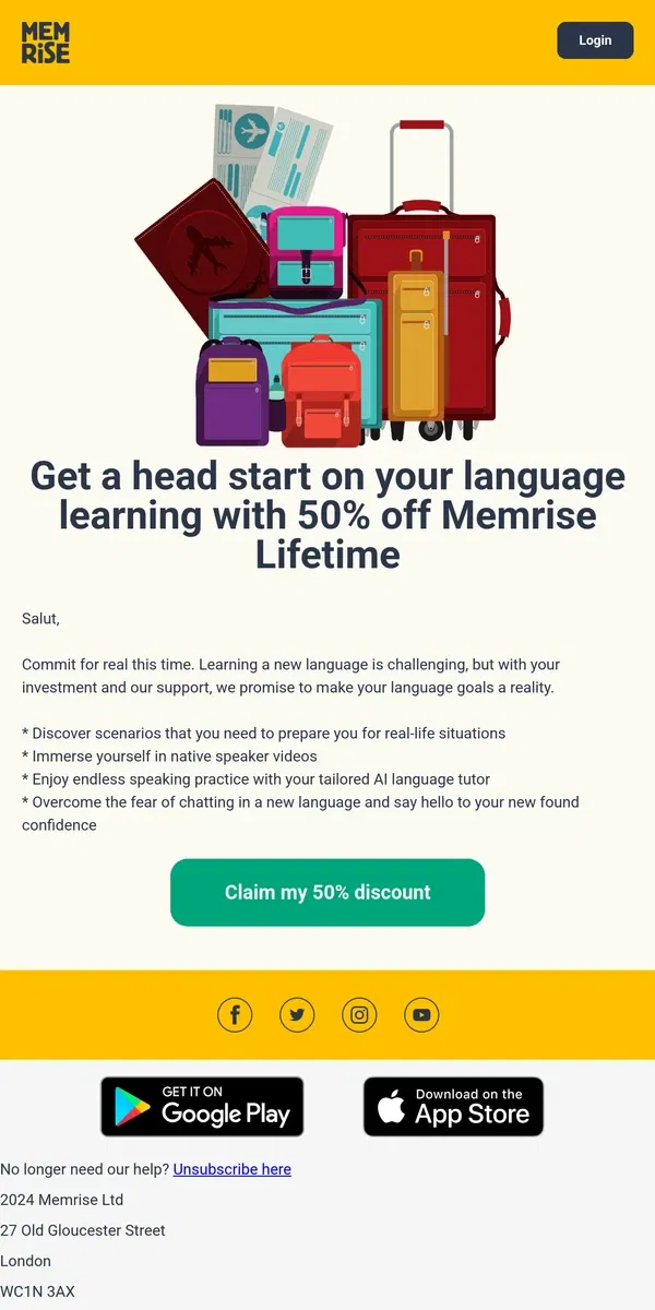 Email from Memrise. Commit to learning a language - 50% off Memrise Lifetime (48 hours only)