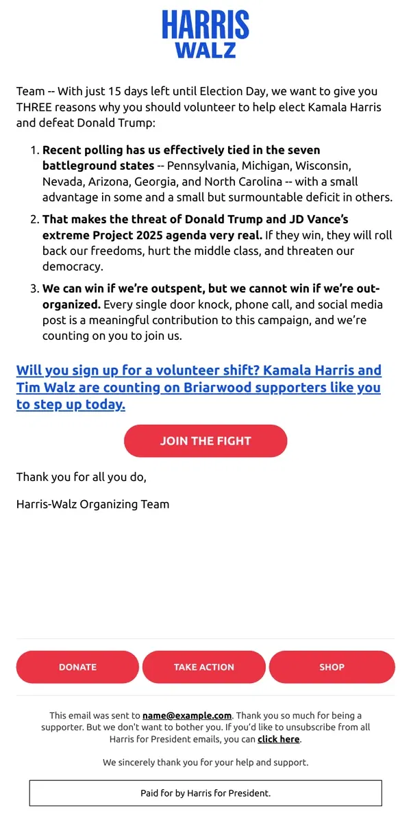 Email from Kamala Harris. We've got 15 days to secure a win.