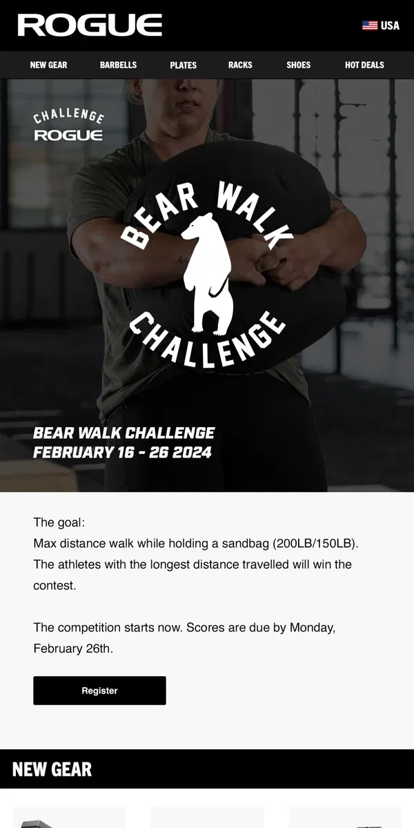 Email from Rogue Fitness. The Bear Walk Challenge Starts Now - Register and Submit Your Score