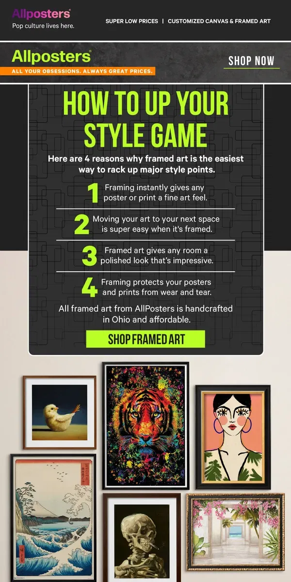 Email from AllPosters. 4 reasons why you need framed art