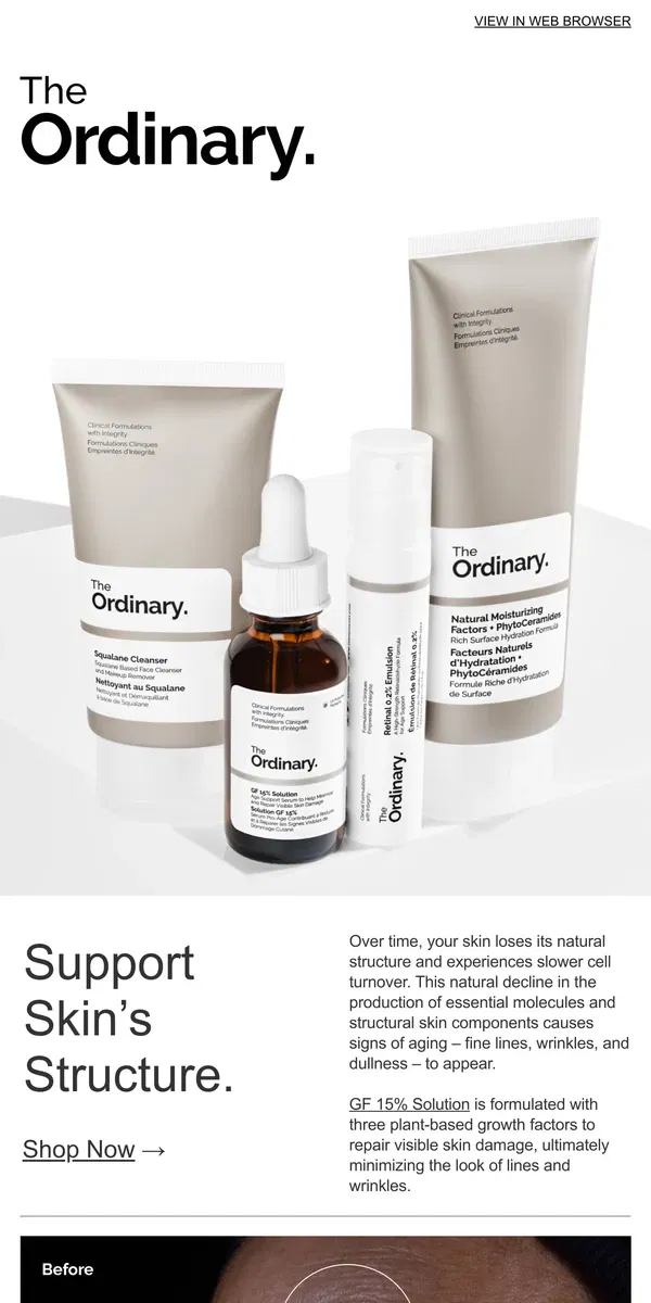 Email from The Ordinary. Treat visible signs of aging with GF 15% Solution.