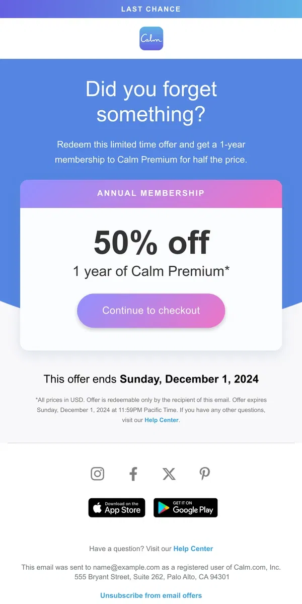 Email from Calm. Get your 50% off before it’s gone