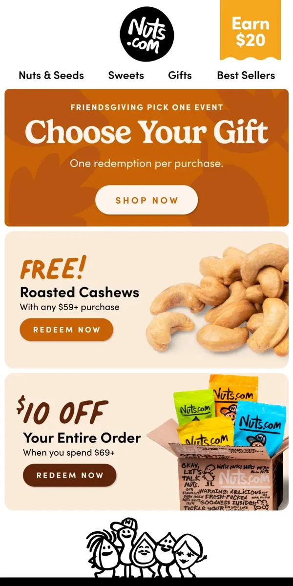 Email from Nuts.com. FRIENDSGIVING PICK ONE EVENT IS HERE!