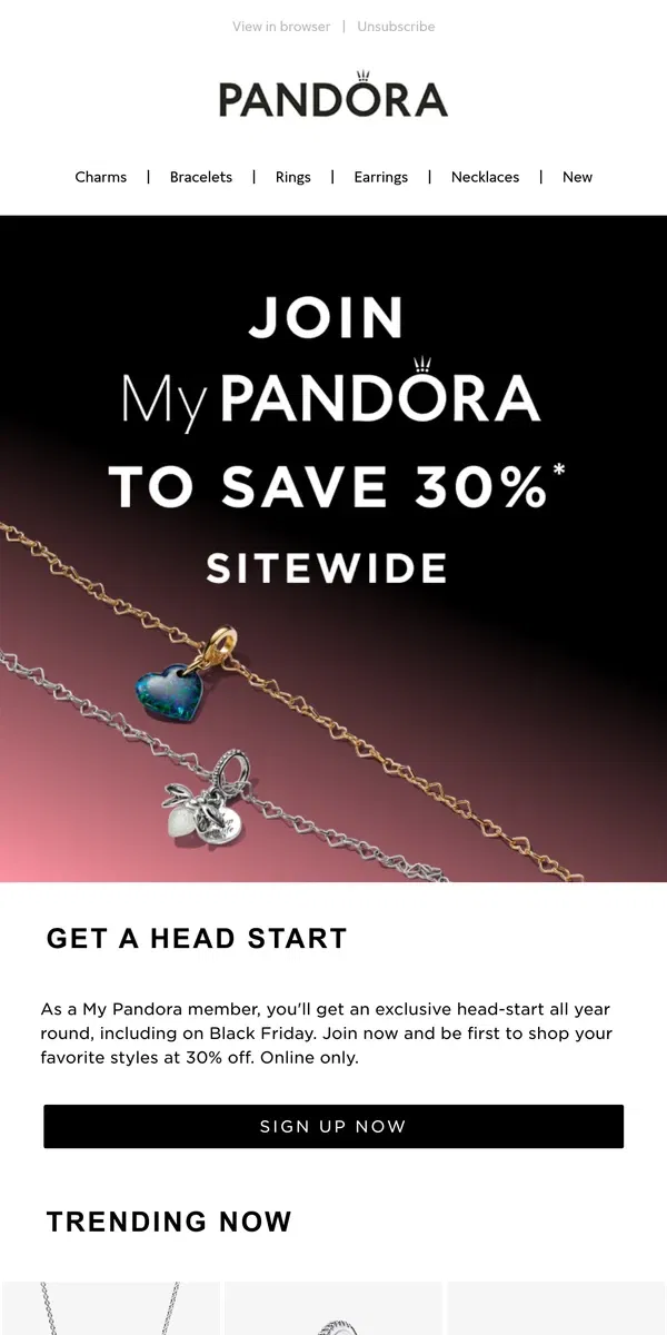 Email from Pandora Jewelry. Get 30% off sitewide after joining My Pandora