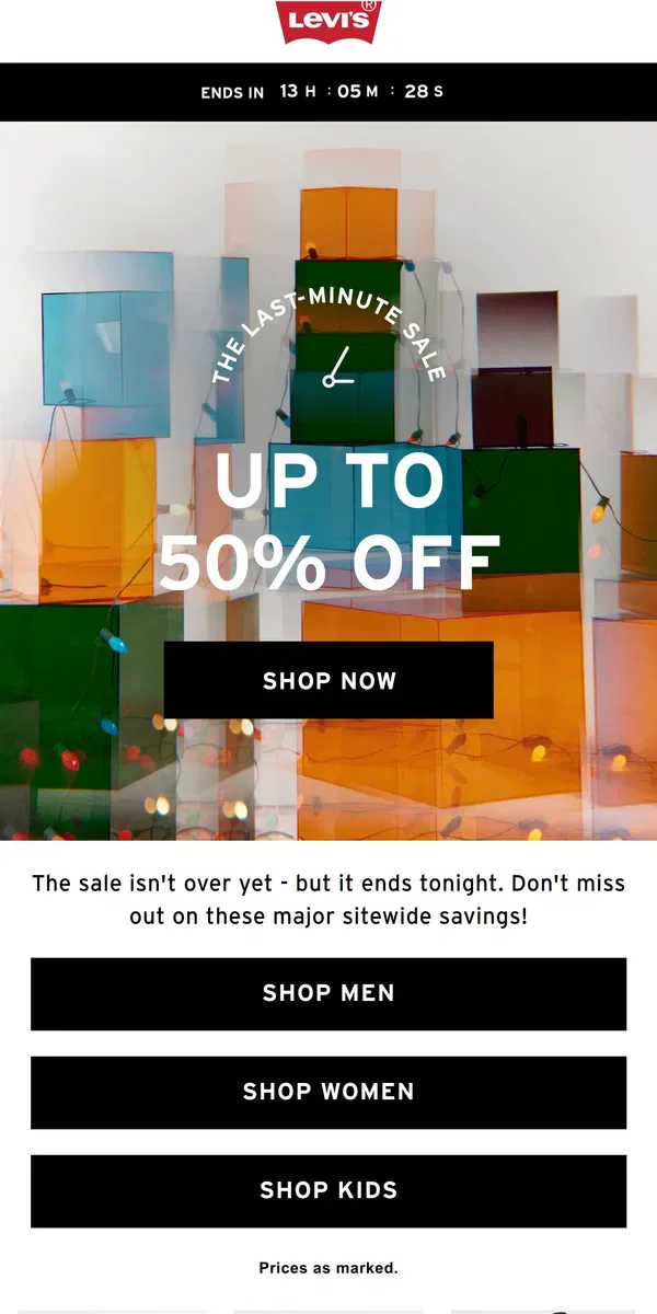 Email from Levi's. ENDS TONIGHT: Up to 50% Off Sitewide