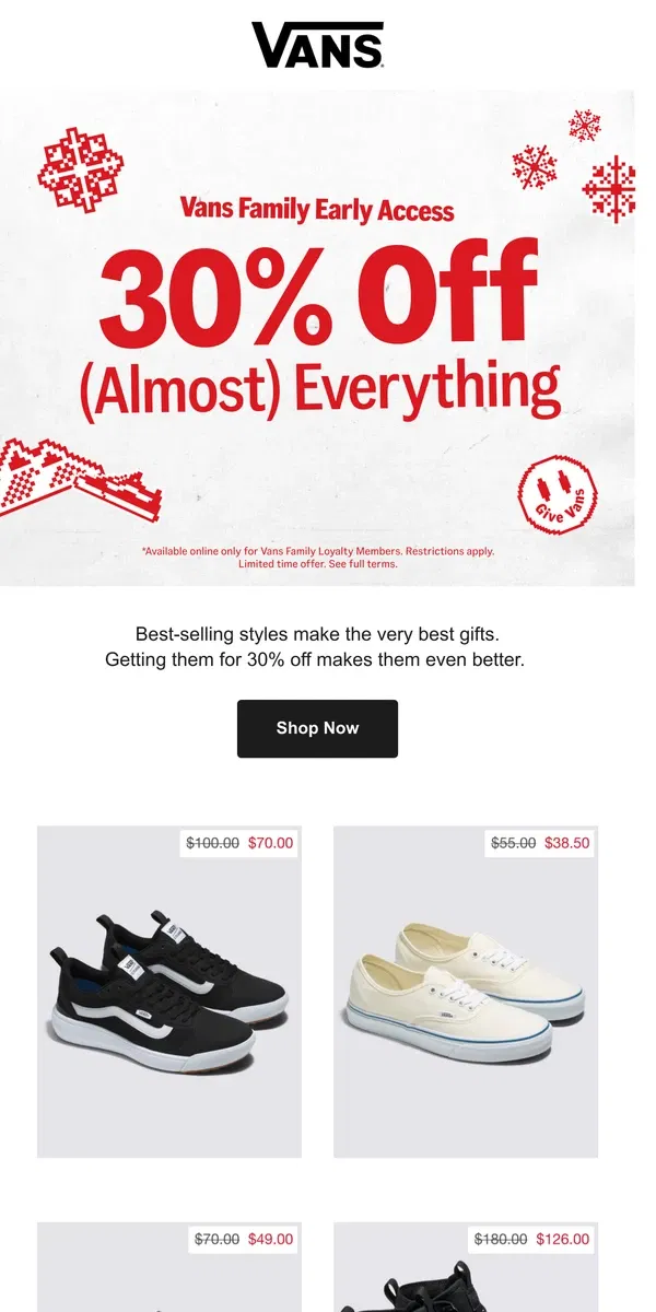 Email from Vans. These Best Sellers Are Now 30% Off