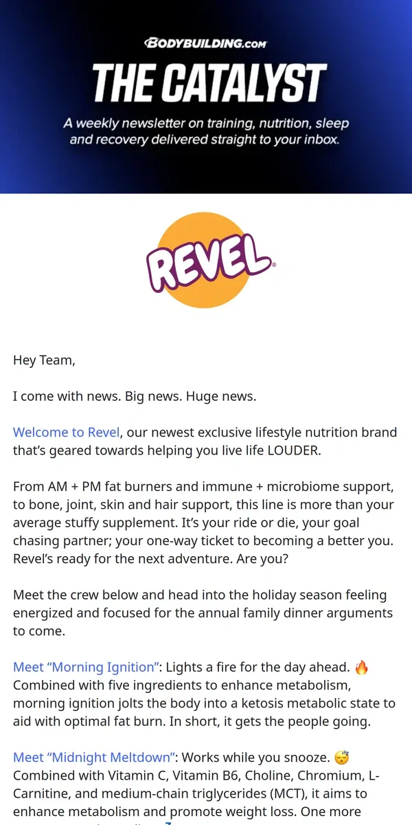 Email from Bodybuilding.com. THE CATALYST: Live Your F*cking Life, Welcome to Revel