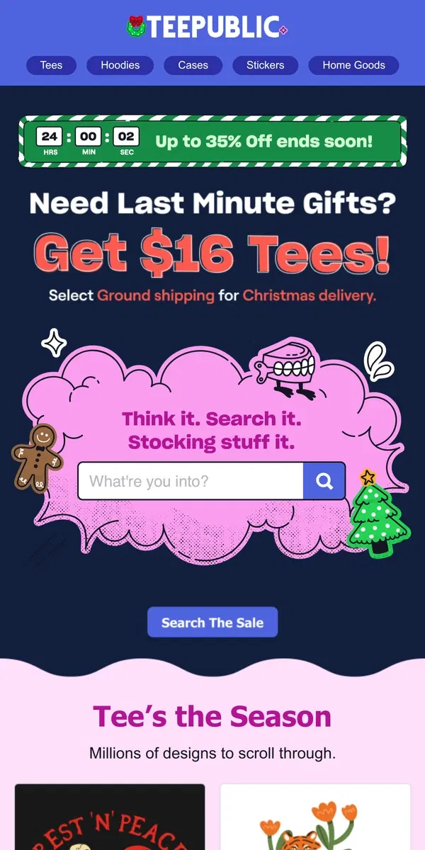 Email from TeePublic. Last minute gifts, up to 35% off.