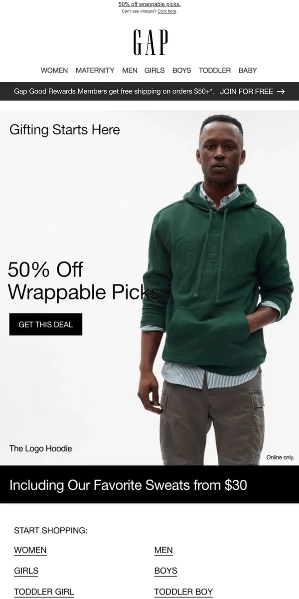 Email from GAP. 50% OFF IS ABOUT TO EXPIRE! You've officially got deals on sweats & more