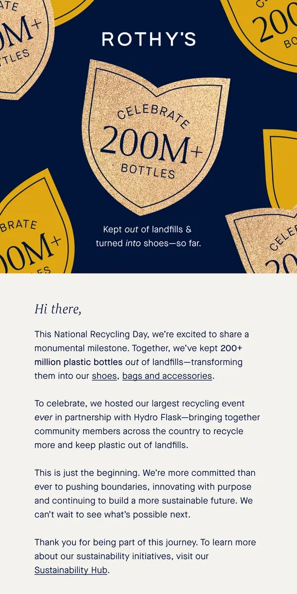 Email from Rothy's. 200,000,000+ PLASTIC BOTTLES ♻️