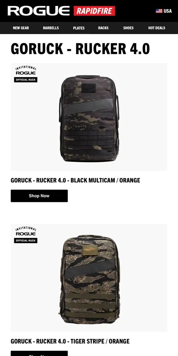 Email from Rogue Fitness. Just Launched: GORUCK - Rucker 4.0 & TRX Strong System