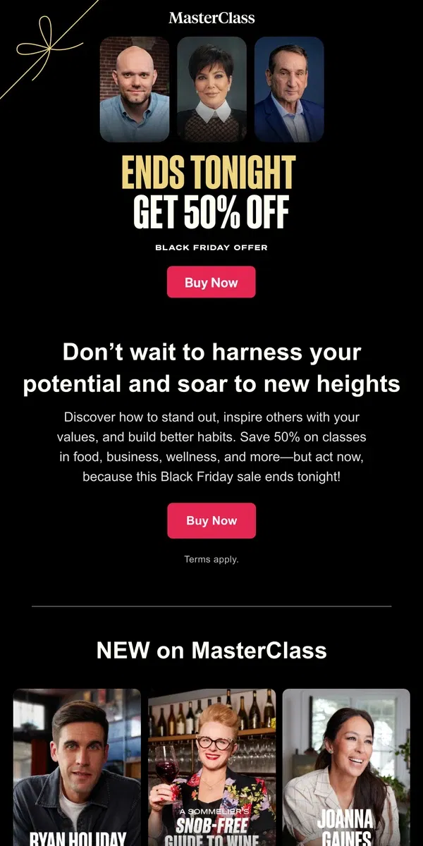 Email from Masterclass. Ends Tonight: 50% off Black Friday sale