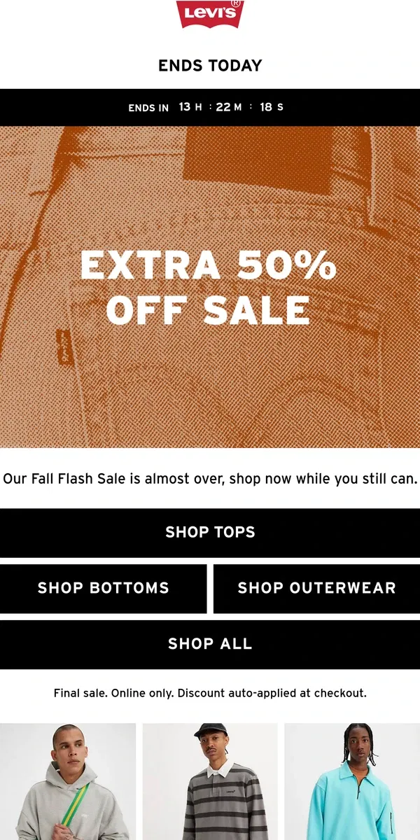 Email from Levi's. Last call: Extra 50% off sale