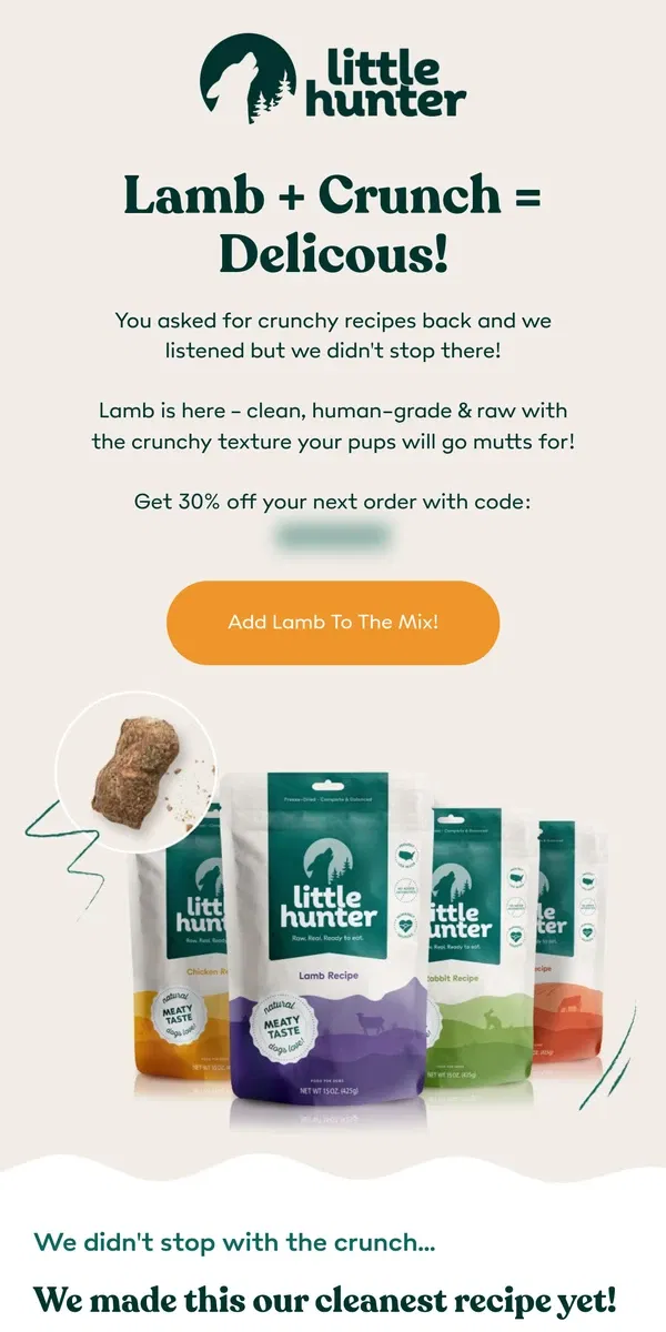 Email from Little Hunter. 30% Off Your First Lamb Order!