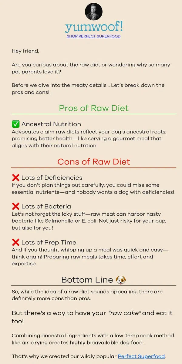 Email from Yumwoof!. The Pros and Cons of a Raw Diet 🤓